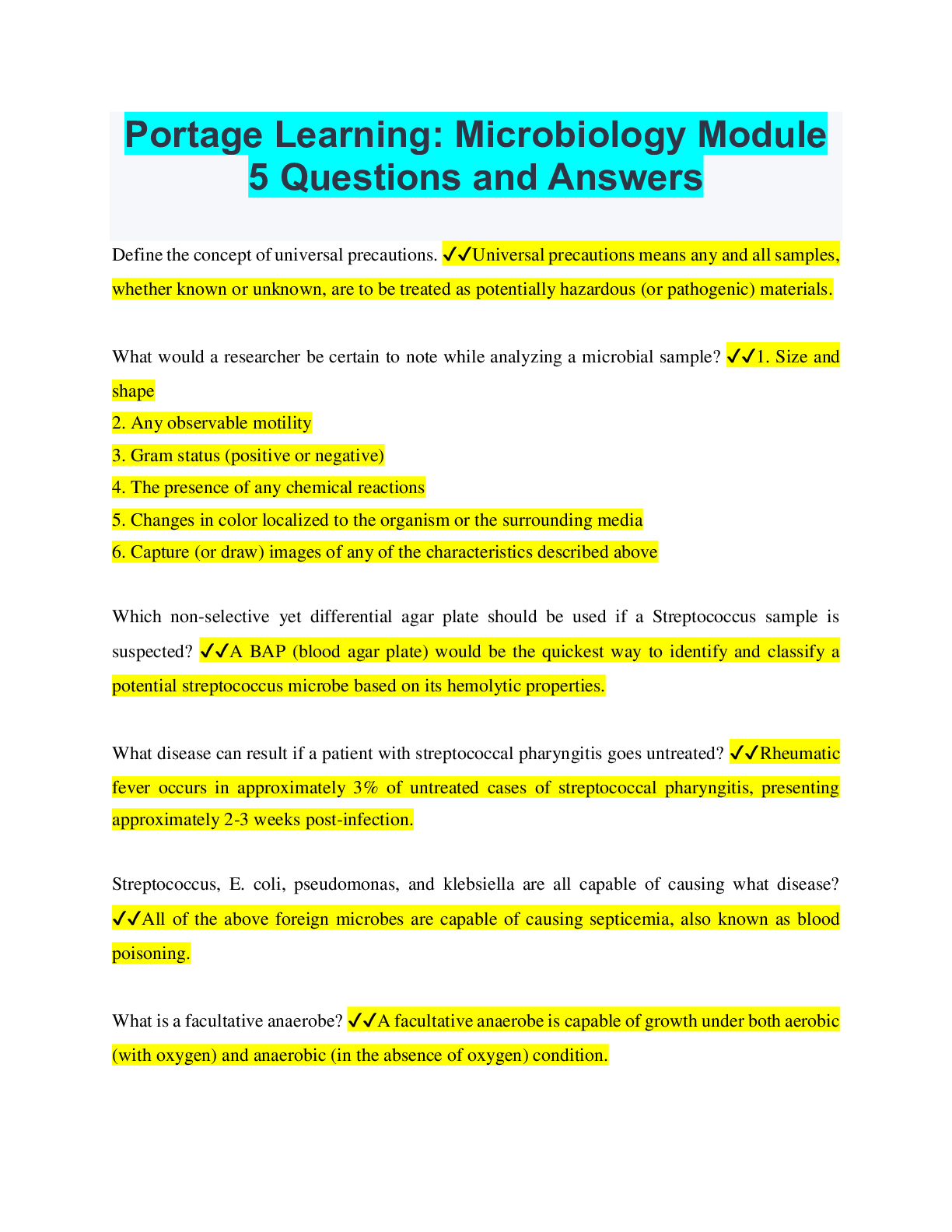 Portage Learning Microbiology Module 5 Questions and Answers